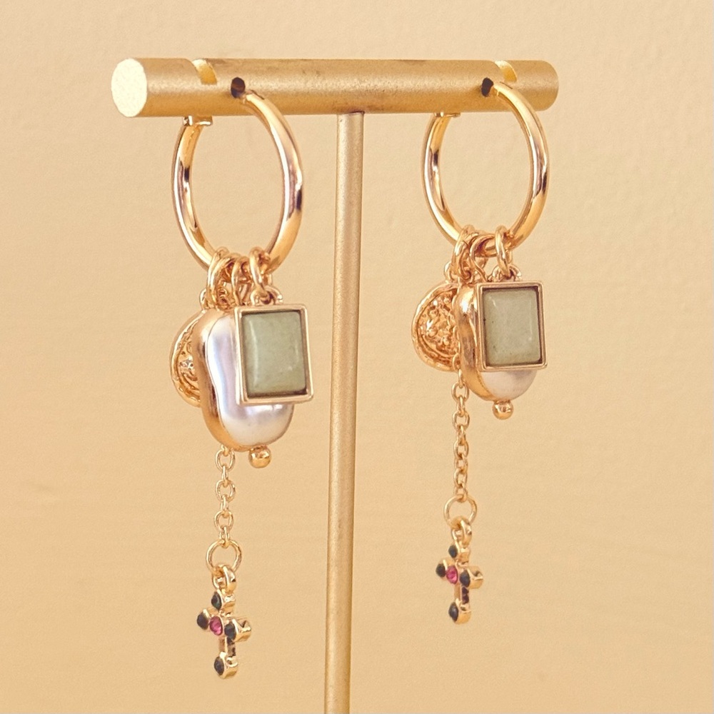 Song of Style Aimee Song Gold Green Hoop Dangle Charm Pearl Aventurine Earrings - Picture 2 of 7